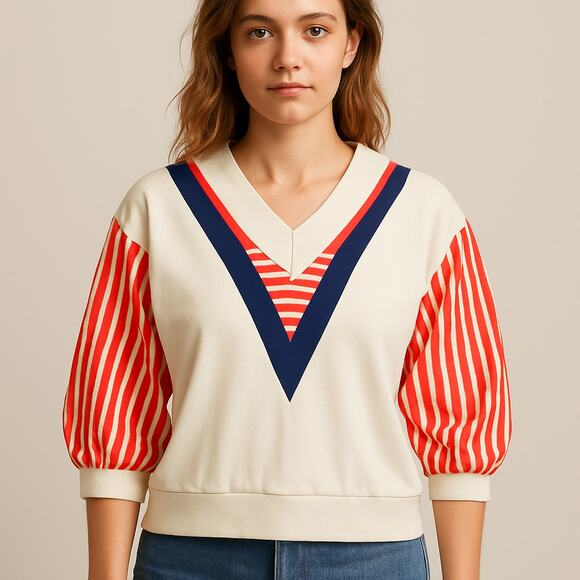 Vintage 80s Tops’n Tops Miami Red Stripe V-Neck Blouse Size 12 Made in USA - Picture 1 of 6